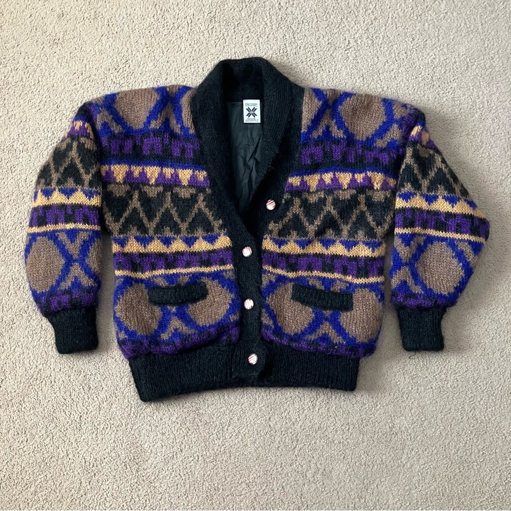 Icelandic Design Mohair Wool 90s Geometric Fair Isle Shawl Cardigan Black Lined